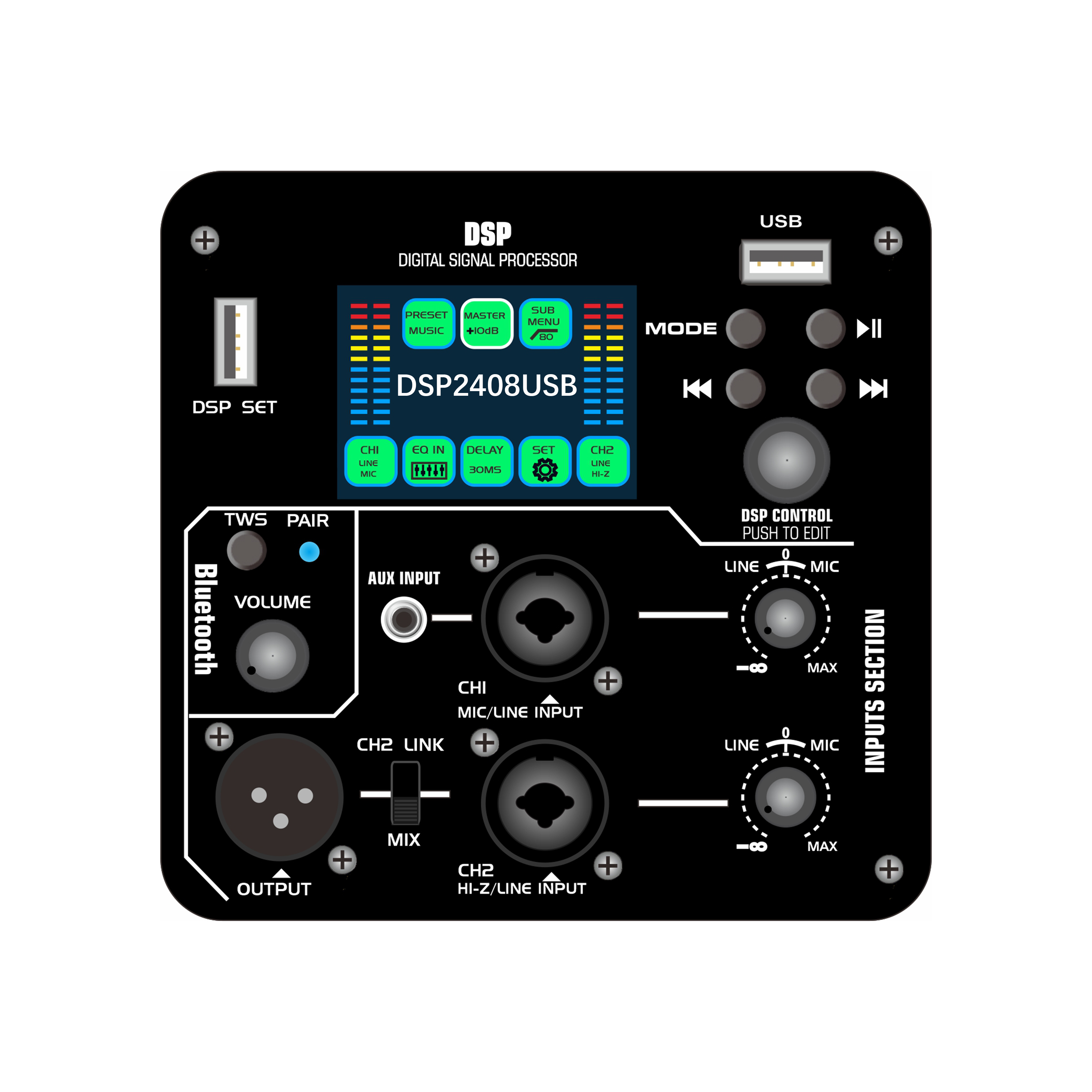 DSP2408USB Renkli ekran USB flash sürücü ses çalma fonksiyonuna sahip DSP aktif güç amplifikatörü